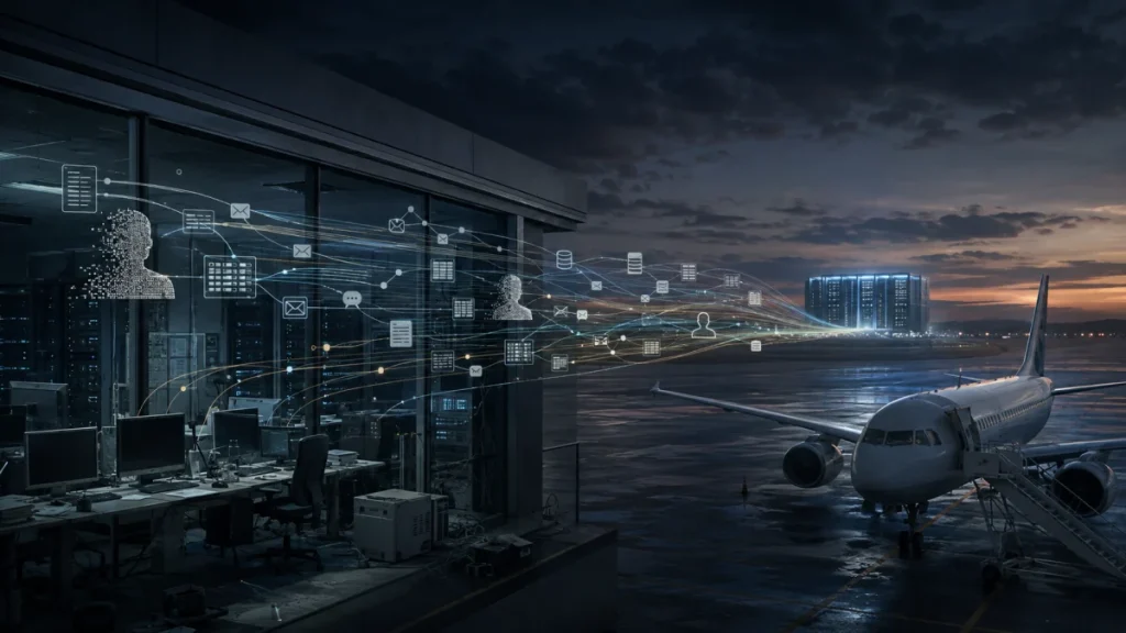A commercial airplane on the tarmac beside a glass office building, with digital email and data icons streaming between them at dusk.