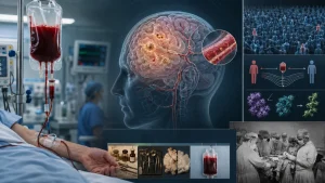 Composite medical illustration showing a blood transfusion, a brain with disease markers, and diagrams about possible disease transmission.