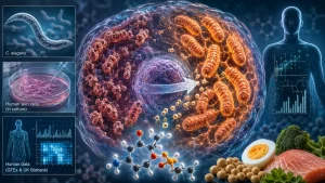 Scientific illustration showing mitochondria, human cells, C. elegans, data charts, and choline-rich foods like eggs, salmon, and broccoli.