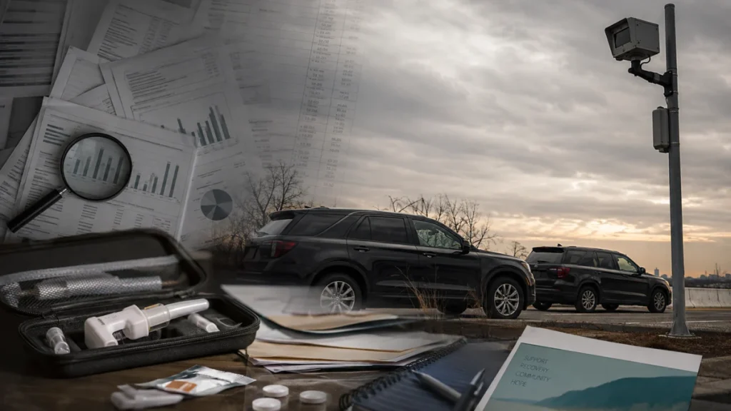 Two black SUVs parked near a roadside security camera, overlaid with documents, charts, and recovery supplies.