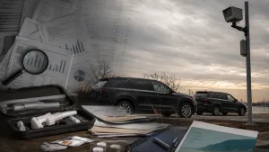 Two black SUVs parked near a roadside security camera, overlaid with documents, charts, and recovery supplies.