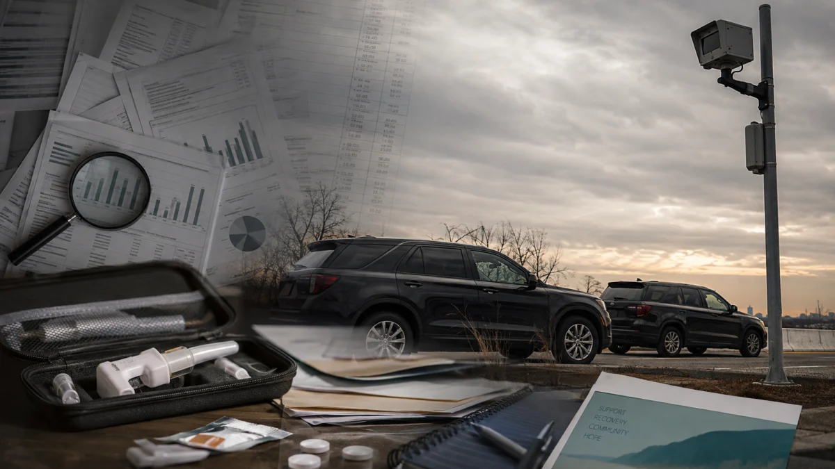 Two black SUVs parked near a roadside security camera, overlaid with documents, charts, and recovery supplies.