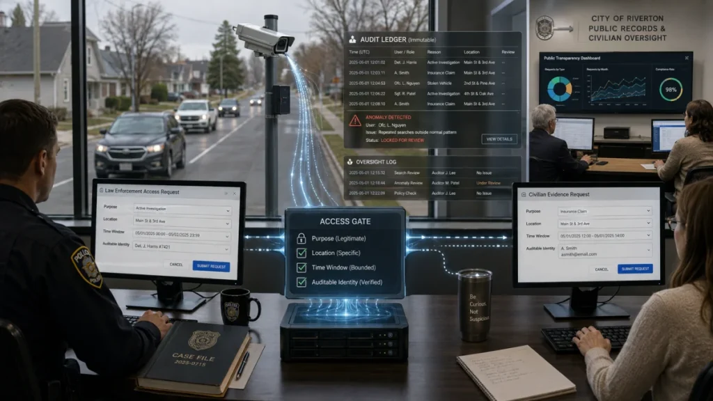 Police and civilian oversight staff review access requests for a public camera system on computer screens, with audit and approval dashboards displayed.