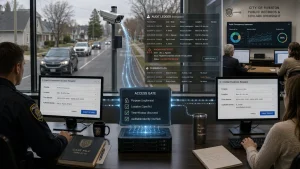 Police and civilian oversight staff review access requests for a public camera system on computer screens, with audit and approval dashboards displayed.
