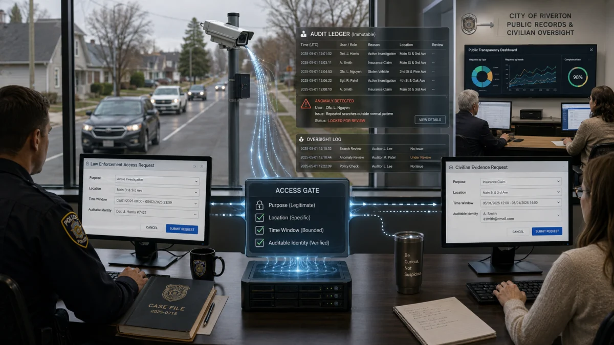 Police and civilian oversight staff review access requests for a public camera system on computer screens, with audit and approval dashboards displayed.