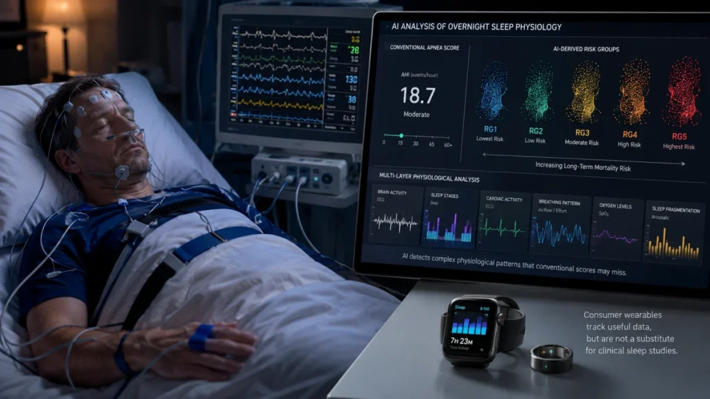 A man sleeps during an overnight sleep study while monitors display brain, breathing, and oxygen data alongside an AI risk dashboard and wearable devices.