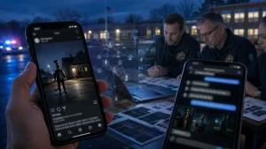 Police investigators review smartphone posts and digital evidence connected to a Cat in the Hat stalking hoax at night.
