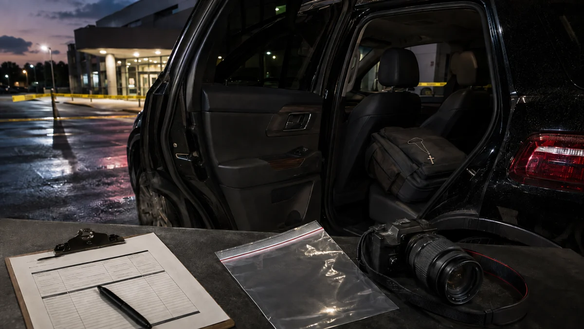 Police or investigators near a black SUV with the rear door open, a clipboard and camera in the foreground, and a necklace visible on a bag inside the vehicle behind yellow caution tape at night.