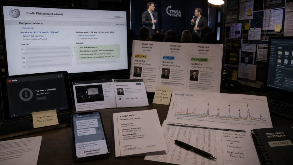 Desktop evidence board with monitors showing Charlie Kirk revisions, TPUSA Faith leadership pages, a Google Trends chart, a YouTube video screen, a phone with text messages, and printed exhibits arranged on a desk.
