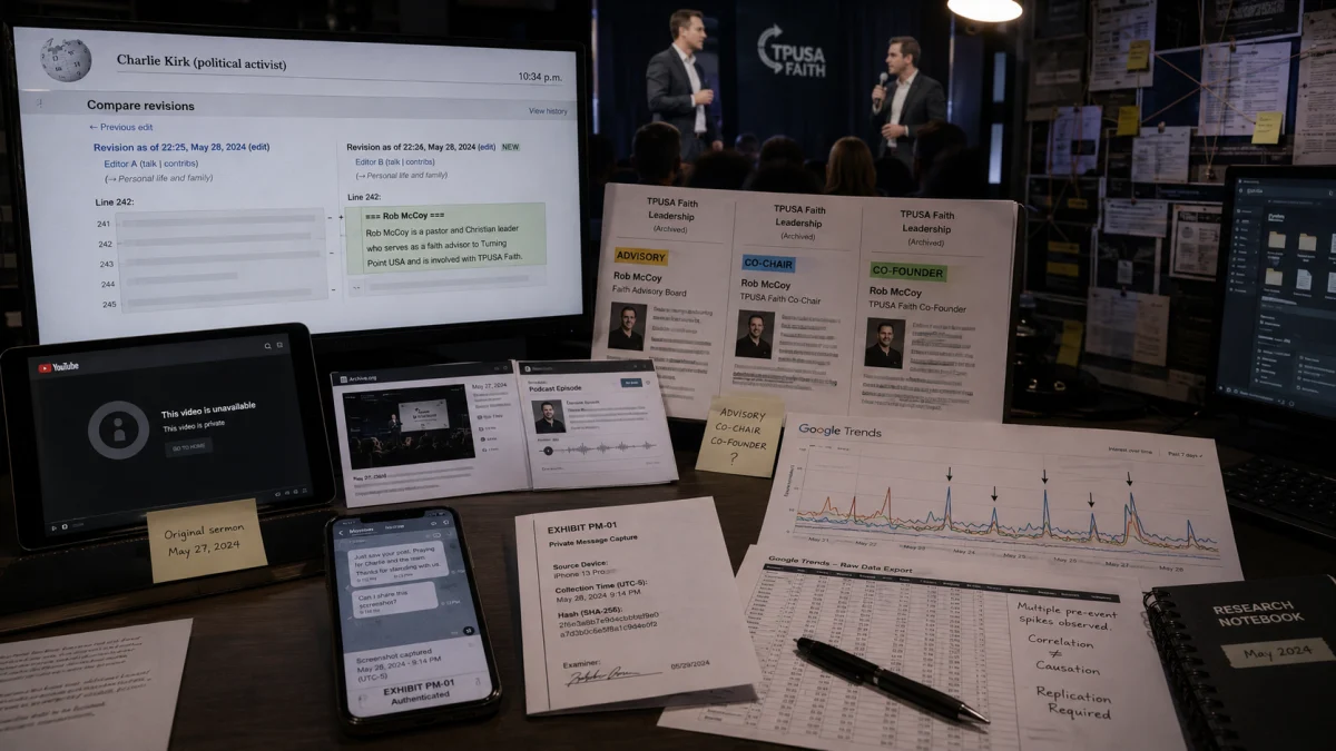 Desktop evidence board with monitors showing Charlie Kirk revisions, TPUSA Faith leadership pages, a Google Trends chart, a YouTube video screen, a phone with text messages, and printed exhibits arranged on a desk.
