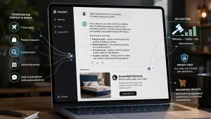 Laptop showing a ChatGPT conversation with a sponsored mattress ad and diagrams explaining conversation context, ad auction, privacy, and measurable results.