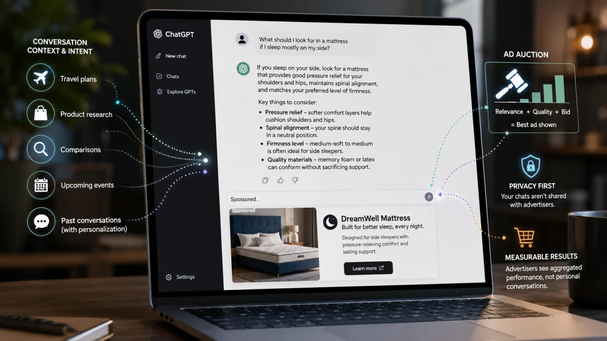 Laptop showing a ChatGPT conversation with a sponsored mattress ad and diagrams explaining conversation context, ad auction, privacy, and measurable results.