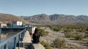 Editorial illustration of a person beside a water-treatment facility and dry riverbed in an arid Chihuahua landscape