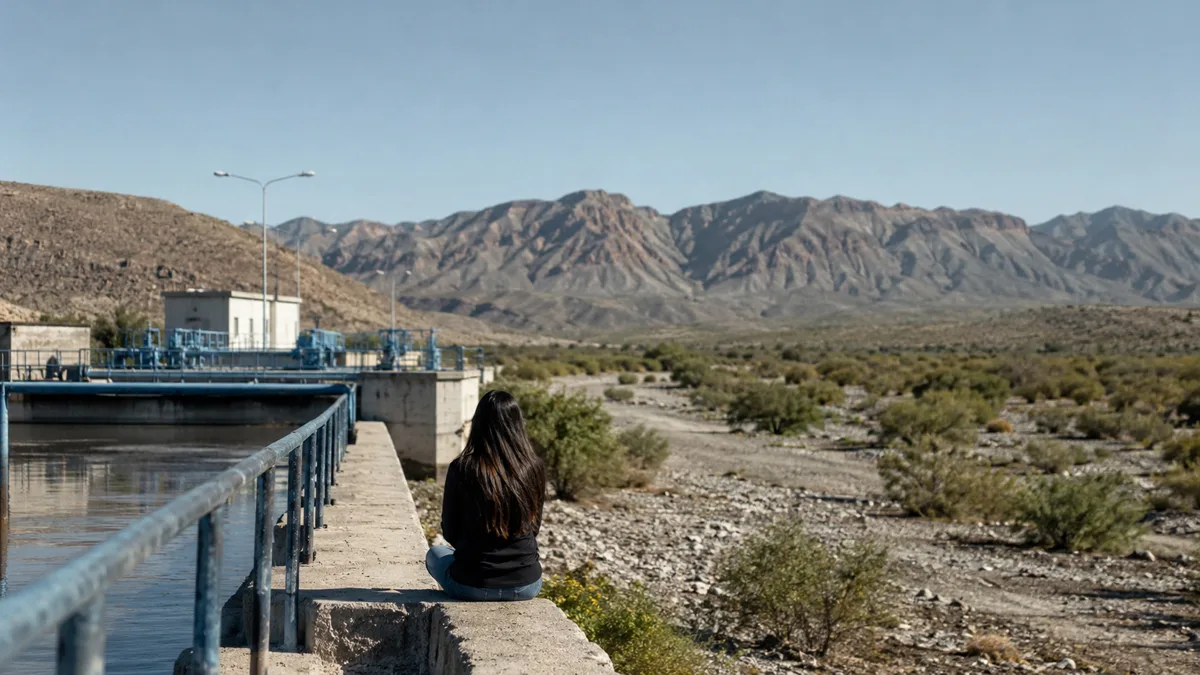 Editorial illustration of a person beside a water-treatment facility and dry riverbed in an arid Chihuahua landscape