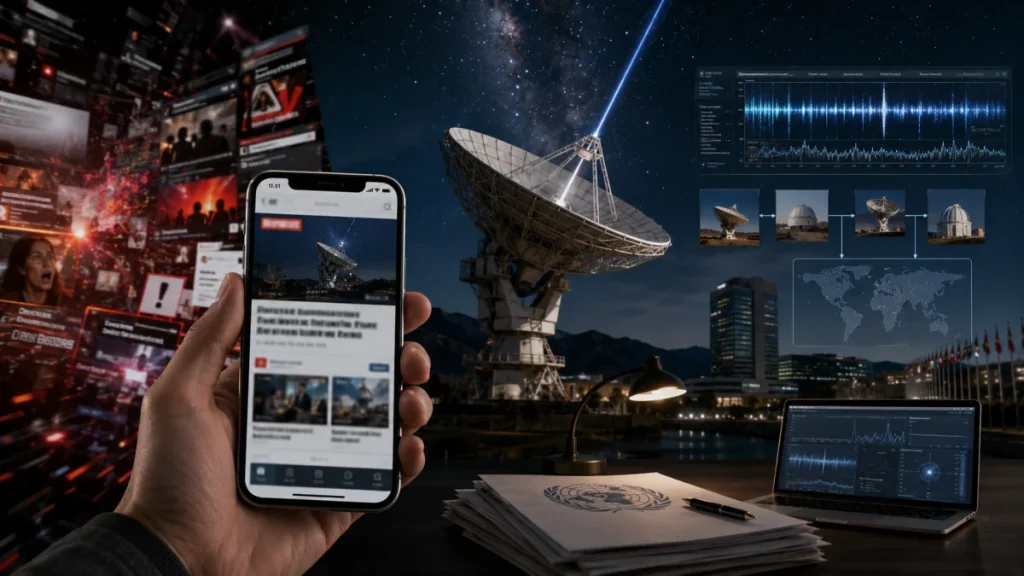 A hand holds a smartphone showing a news story beside a large radio telescope, with data screens and a night sky backdrop suggesting a viral alien warning rumor.