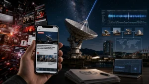 A hand holds a smartphone showing a news story beside a large radio telescope, with data screens and a night sky backdrop suggesting a viral alien warning rumor.