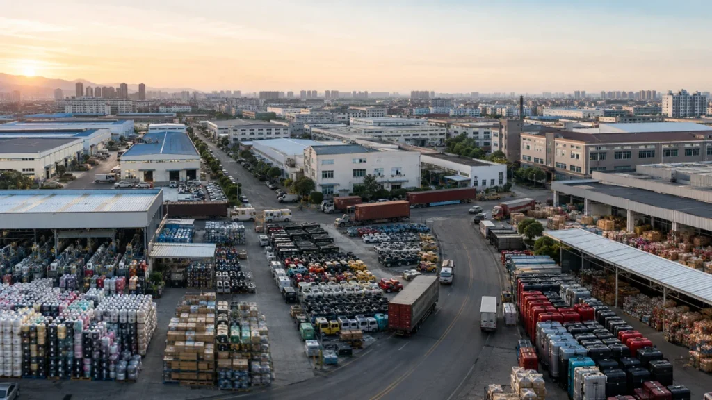 Aerial view of a large industrial yard with warehouses, trucks, shipping containers, and stacks of cargo at sunrise.