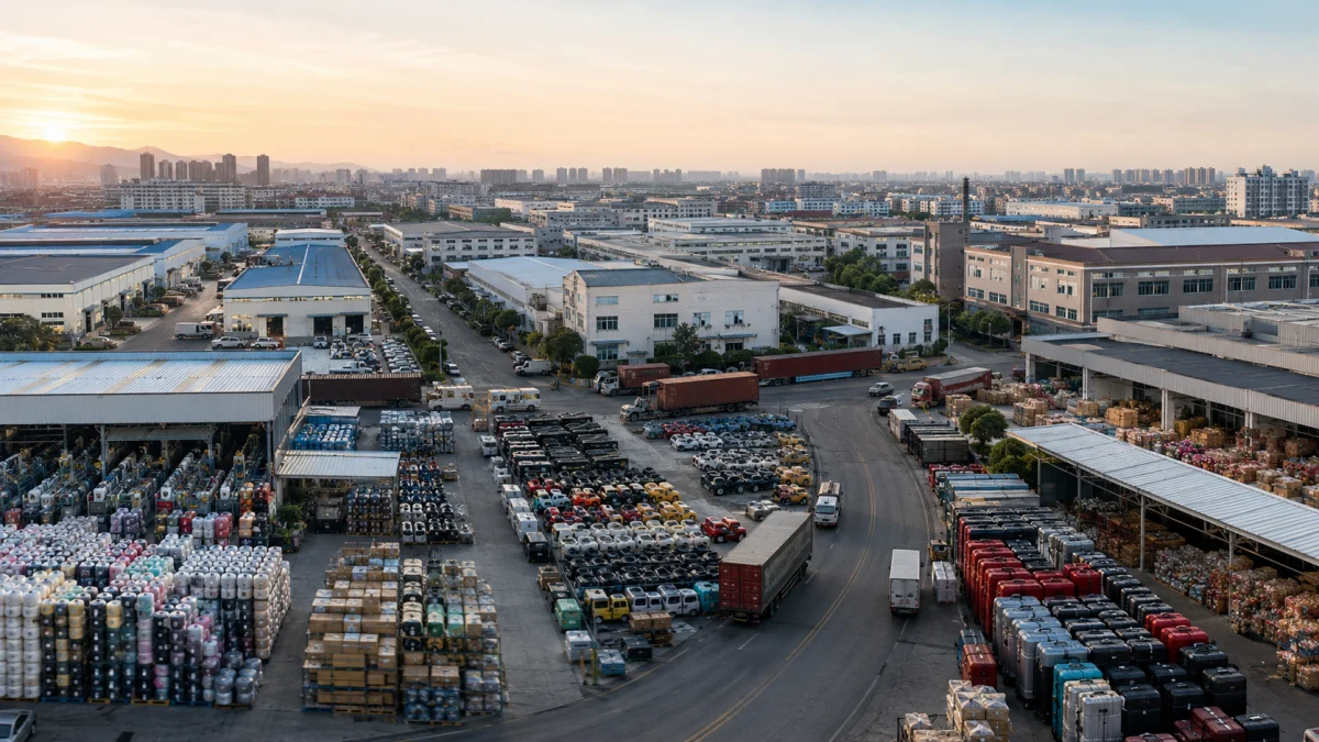 Aerial view of a large industrial yard with warehouses, trucks, shipping containers, and stacks of cargo at sunrise.