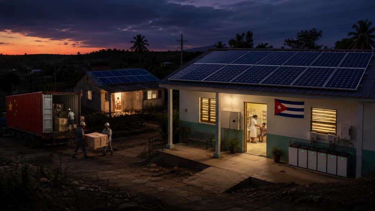 Workers unload crates beside a house in Cuba with rooftop solar panels and a Cuban flag at dusk.