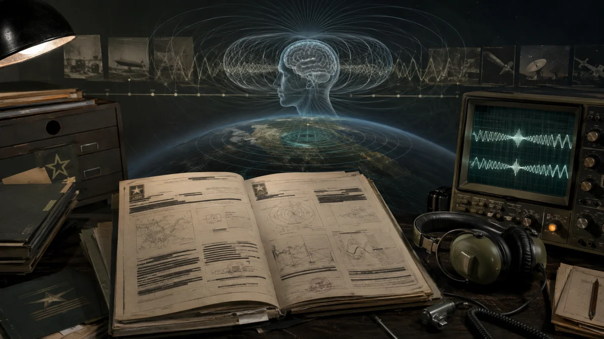 An open report lies on a desk beside a vintage monitor, headphones, and documents, with a glowing brain and waveform visualization above the Earth in the background.