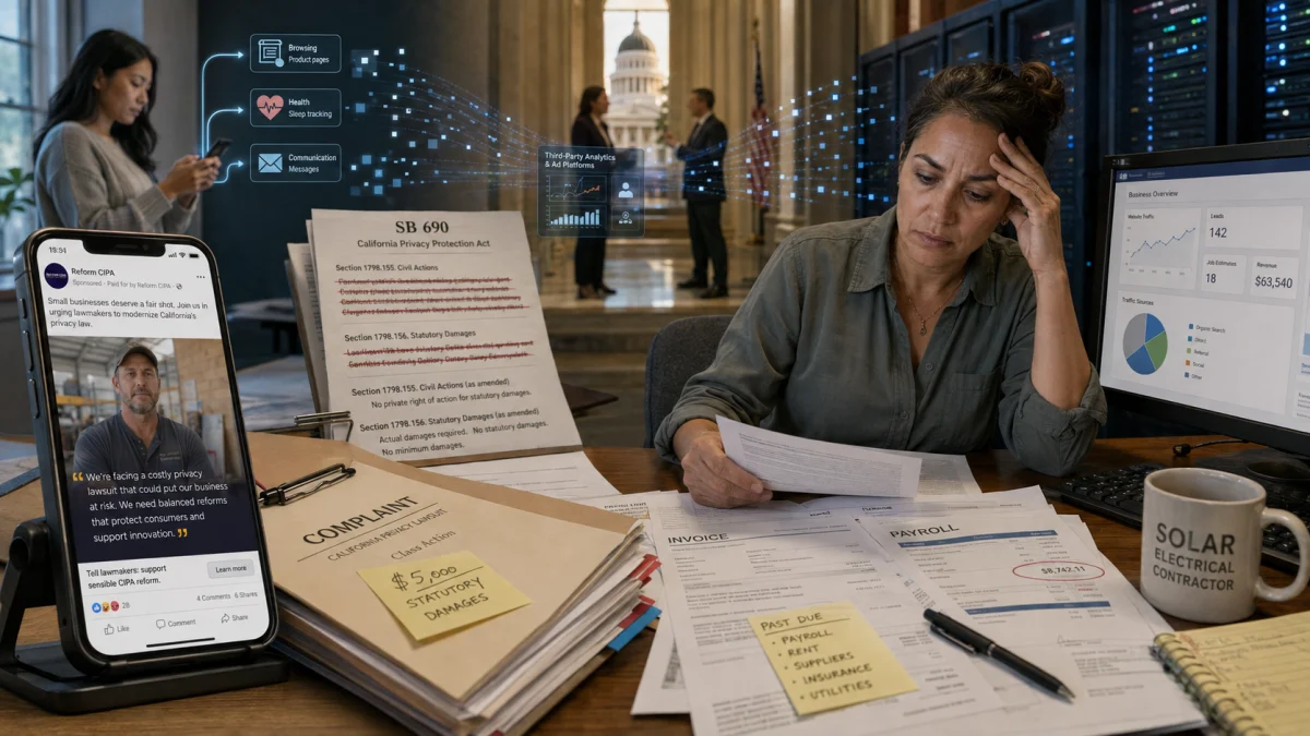 Small business owner at a desk surrounded by legal complaints, invoices, and a phone showing a CIPA reform message, with data and privacy graphics overlaid in the background.