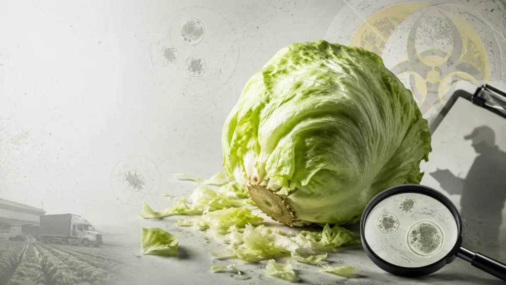 Editorial illustration of iceberg lettuce, parasite imagery, a magnifying glass, and a food-supply truck