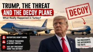 Graphic showing Donald Trump in front of two Air Force One-style planes with headlines about a decoy plane and a secret switch in Turkey.