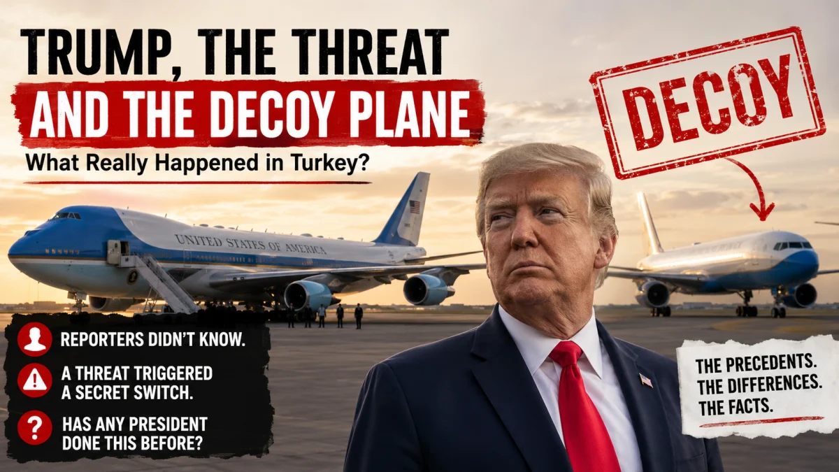 Graphic showing Donald Trump in front of two Air Force One-style planes with headlines about a decoy plane and a secret switch in Turkey.