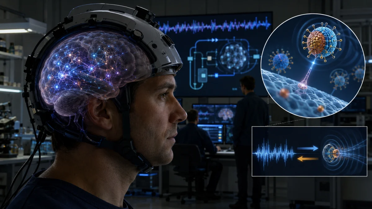 A man wearing a futuristic neural headset with a glowing brain overlay, shown in a high-tech lab with inset graphics of injectable nanotech and signal transmission.
