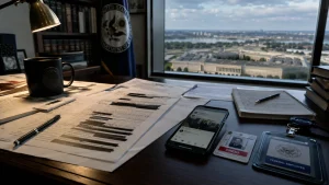 A desk covered with documents, a smartphone, notebooks, and federal press and employee badges overlooking the Pentagon through a window.