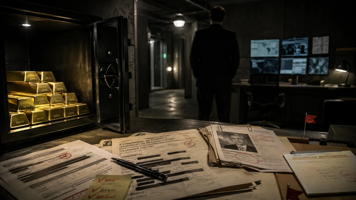 A dimly lit intelligence office with gold bars in an open safe, classified documents on a desk, and a silhouetted man in the background.