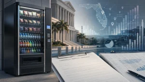 A vending machine beside a commercial services agreement, financial charts, and a government-style building backdrop with a Florida map overlay.