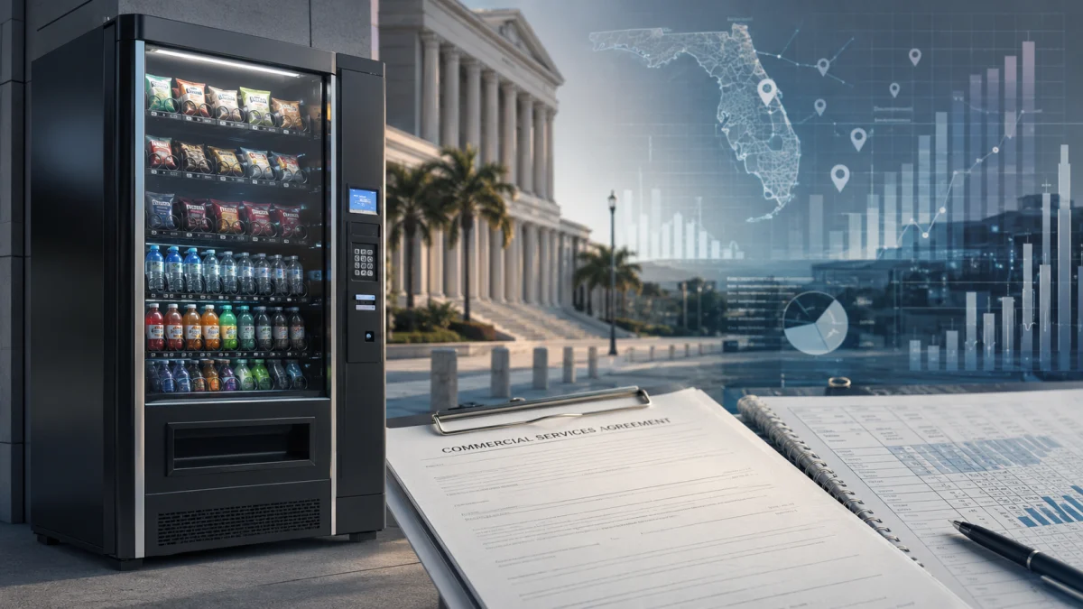 A vending machine beside a commercial services agreement, financial charts, and a government-style building backdrop with a Florida map overlay.