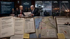 Composite political graphic showing U.S. and Israeli officials, intelligence documents, maps of the Middle East, and scenes of military strikes and missile launches.