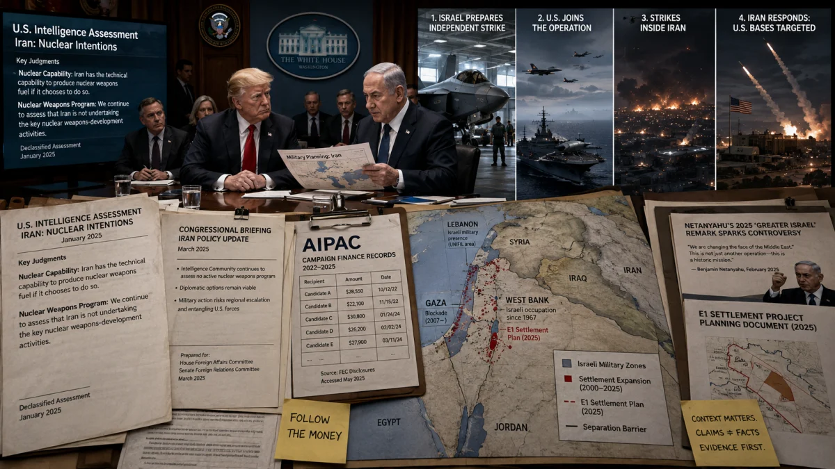 Composite political graphic showing U.S. and Israeli officials, intelligence documents, maps of the Middle East, and scenes of military strikes and missile launches.