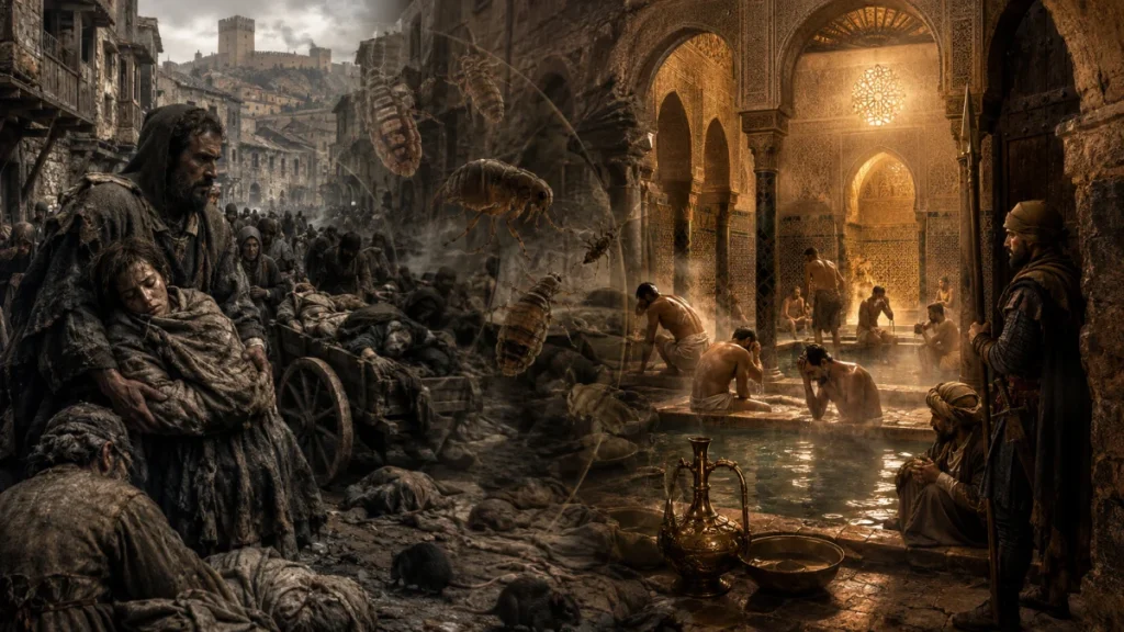 Split scene showing plague-stricken medieval people in a dirty street beside an ornate bathhouse with men washing inside, overlaid with body lice illustrations.
