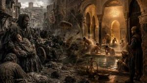 Split scene showing plague-stricken medieval people in a dirty street beside an ornate bathhouse with men washing inside, overlaid with body lice illustrations.