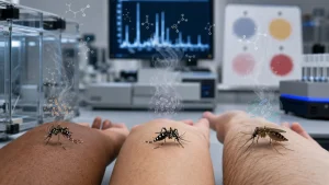 Three mosquitoes resting on different human arms in a laboratory setting with scientific equipment in the background.