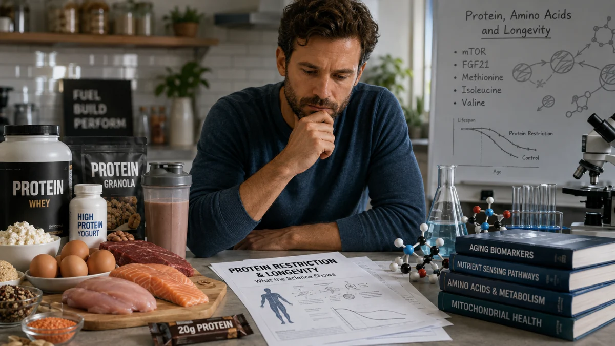 Man studying protein-rich foods and longevity research materials at a desk with a whiteboard on amino acids and aging biomarkers.