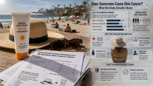 Beach scene with sunscreen, hat, sunglasses, and a study infographic about whether sunscreen causes skin cancer.