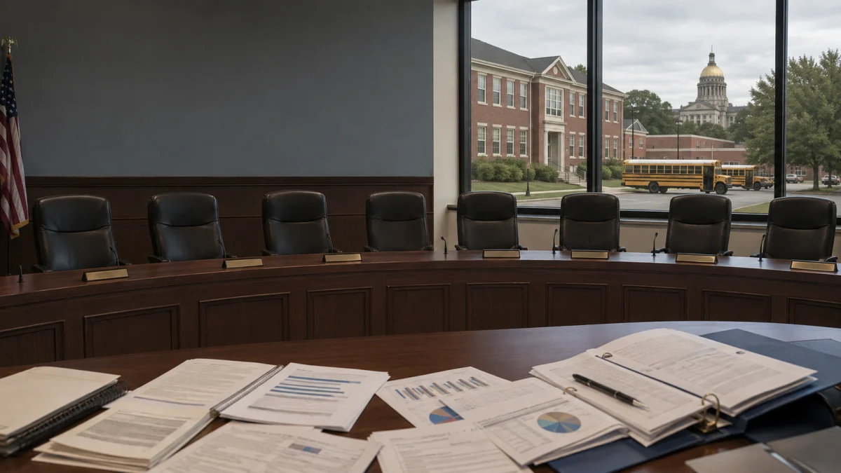 Empty school board meeting room with chairs around a curved table, papers spread in the foreground, and a school building and bus visible through the window.