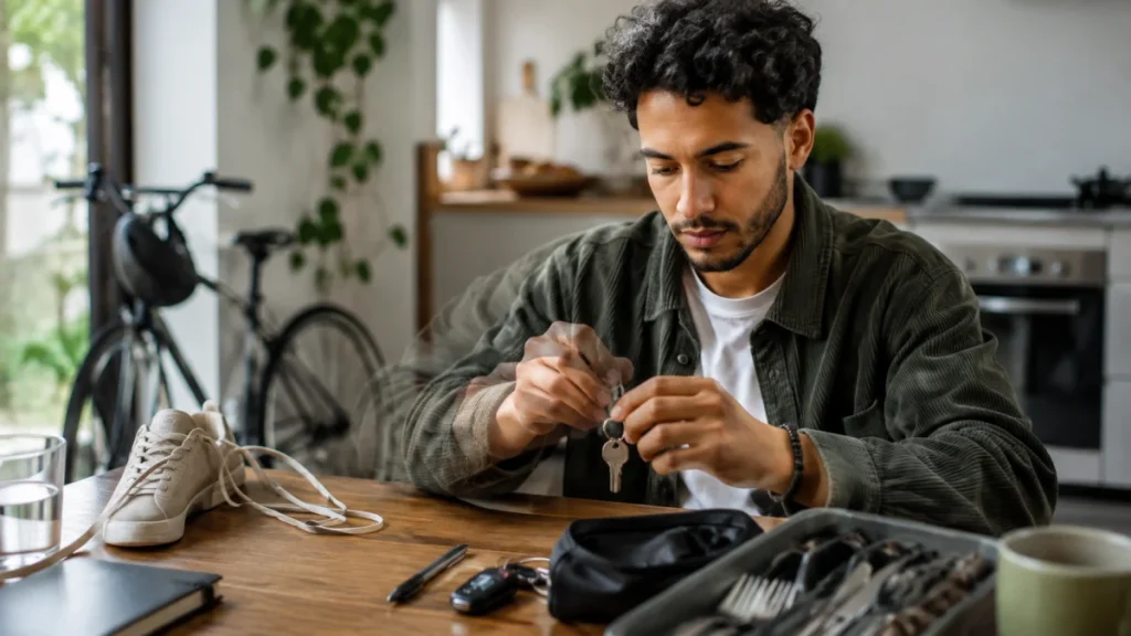 A man sits at a kitchen table holding a set of car keys, with shoes, a notebook, and a bicycle visible in the background.