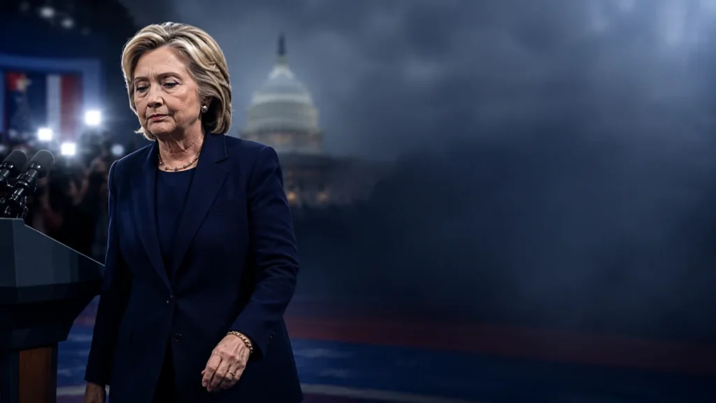 Hillary Clinton stands beside a podium with microphones, with the U.S. Capitol blurred in the background.