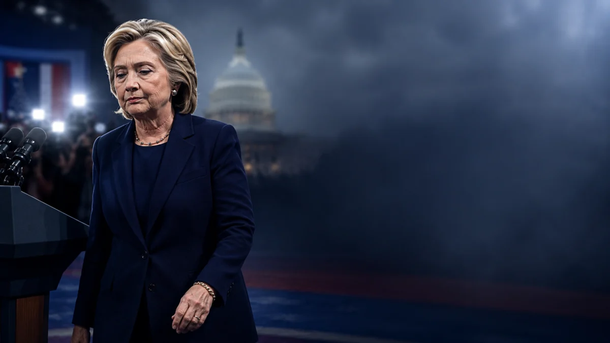 Hillary Clinton stands beside a podium with microphones, with the U.S. Capitol blurred in the background.