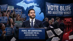 A political candidate speaks at a podium in front of supporters holding progressive signs, with contrasting Republican imagery and banners in the background.