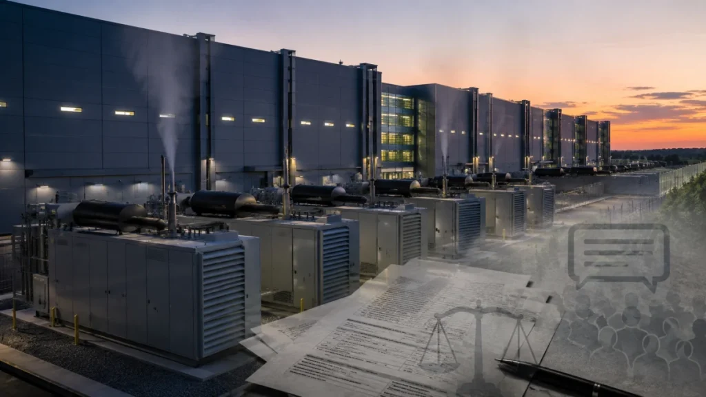 Large data center cooling and generator equipment at sunset with a permit document overlay and legal icons.