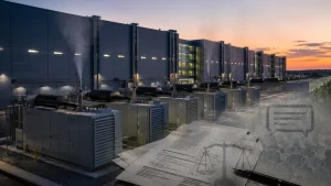 Large data center cooling and generator equipment at sunset with a permit document overlay and legal icons.