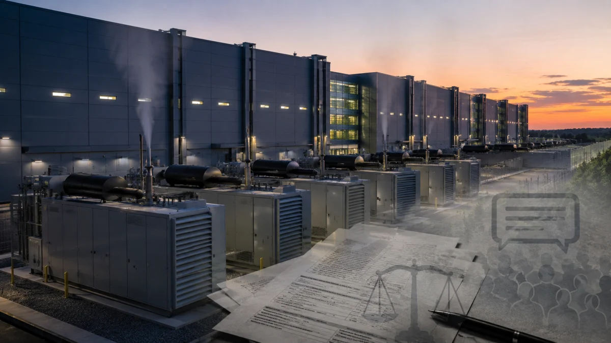 Large data center cooling and generator equipment at sunset with a permit document overlay and legal icons.