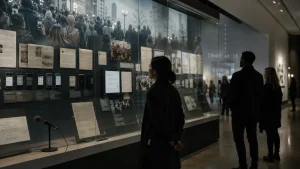 Visitors view a museum display of protest documents, newspaper clippings, and smartphone images behind glass.