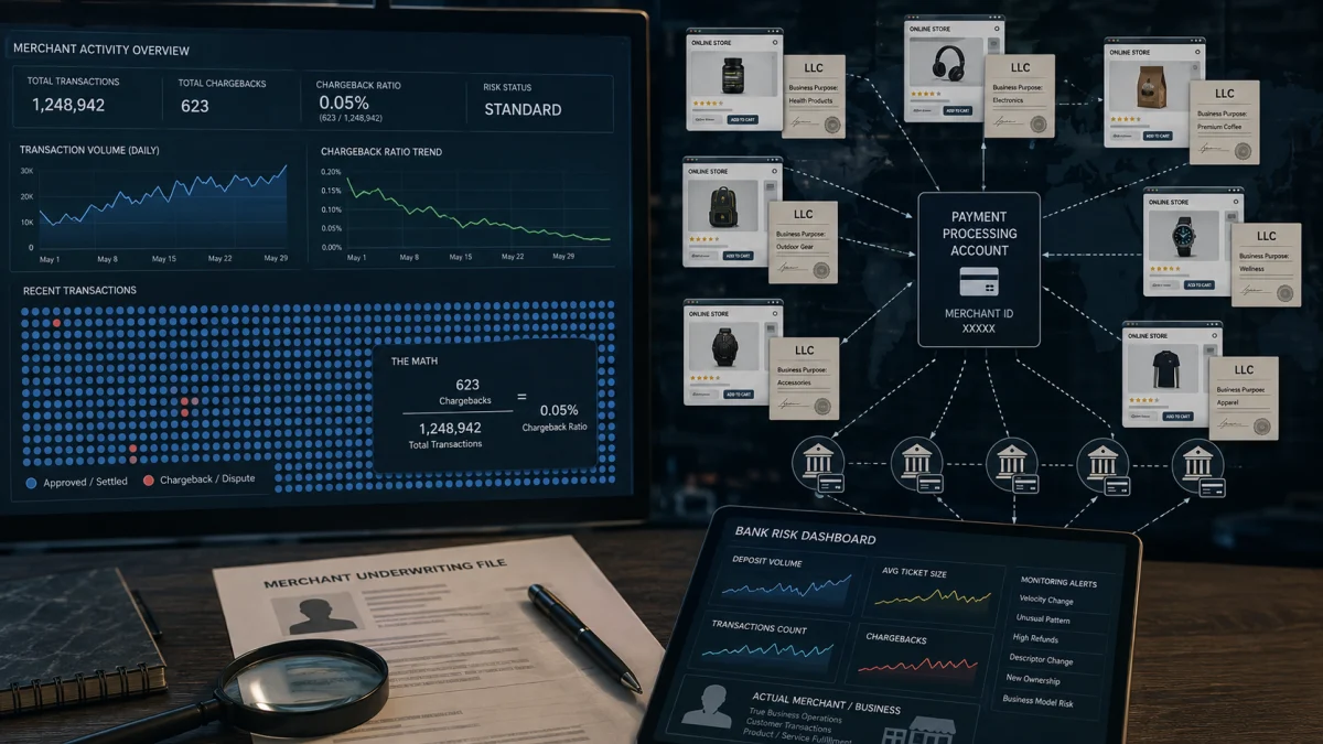 Dark financial dashboard showing merchant chargeback metrics, fake online store listings linked to LLCs, and bank risk monitoring screens on a desk.